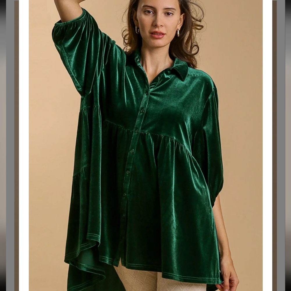 Umgee - Velvet Button Down Tiered Back Tunic‎ Dress Emerald Green Small